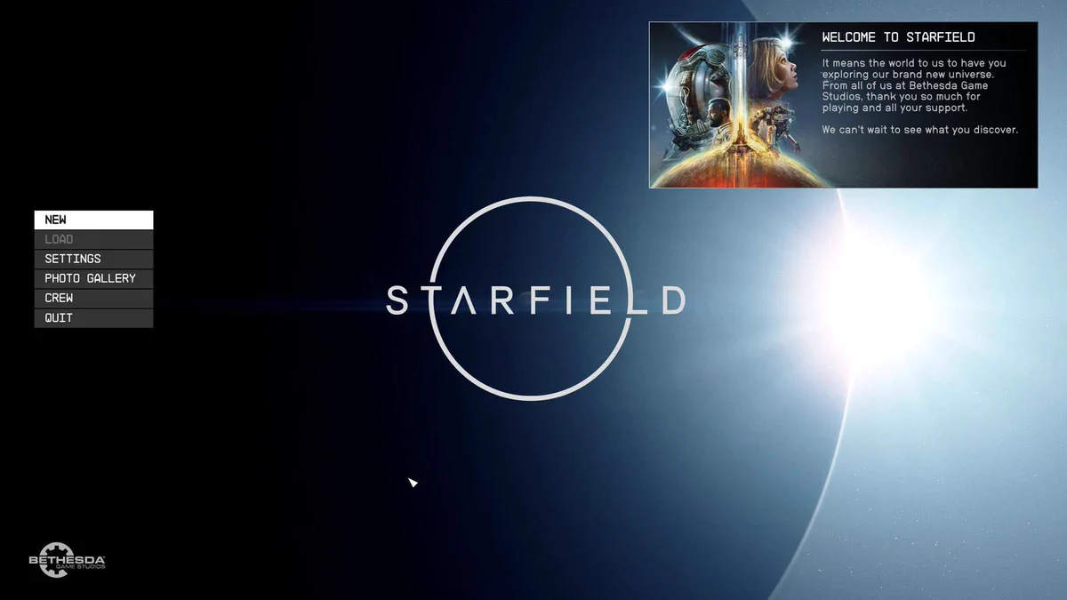 Starfield - Startmenü des Spiels